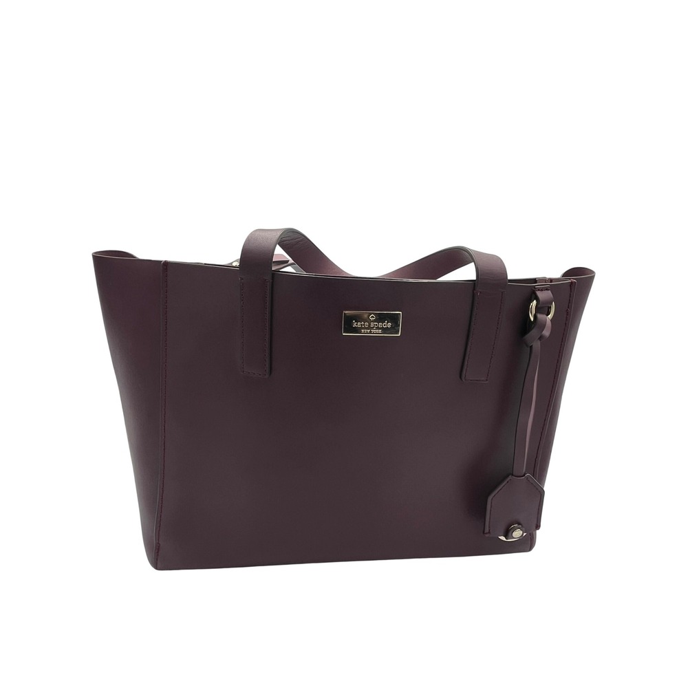 Kate Spade New York Plum Burgundy Leather Tote Bag Zipperd Compartment Gold Logo